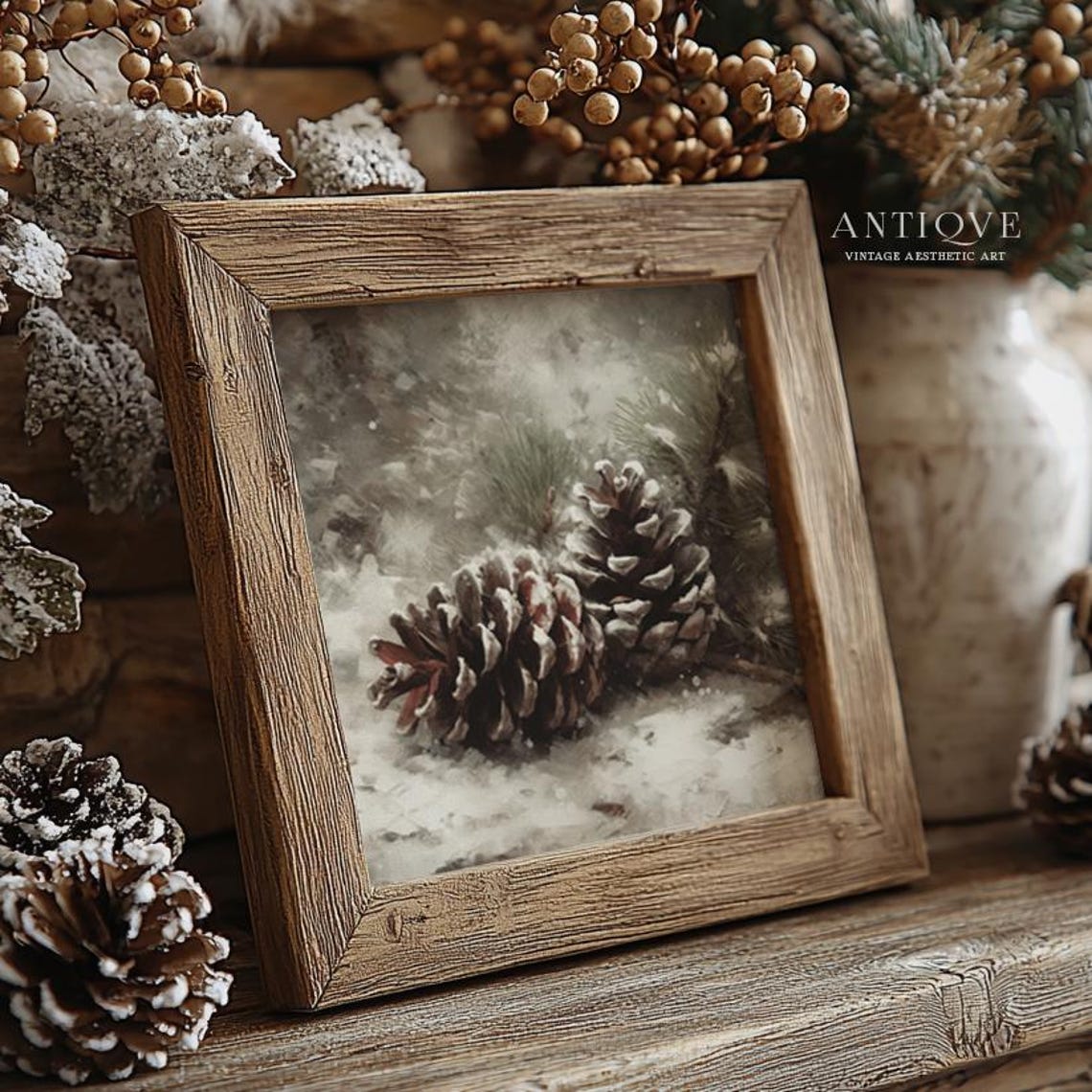 Snow Covered Pinecones Rustic Christmas Still Life Painting Wall Art - Image 2