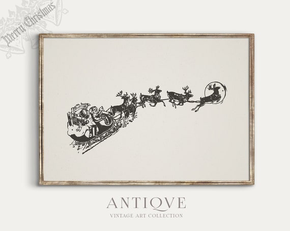 Santa On His Sleigh Vintage Christmas Art Print
