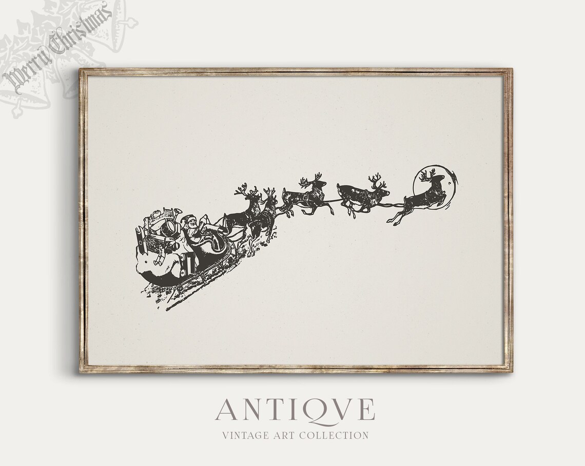 Santa On His Sleigh Vintage Christmas Art Print