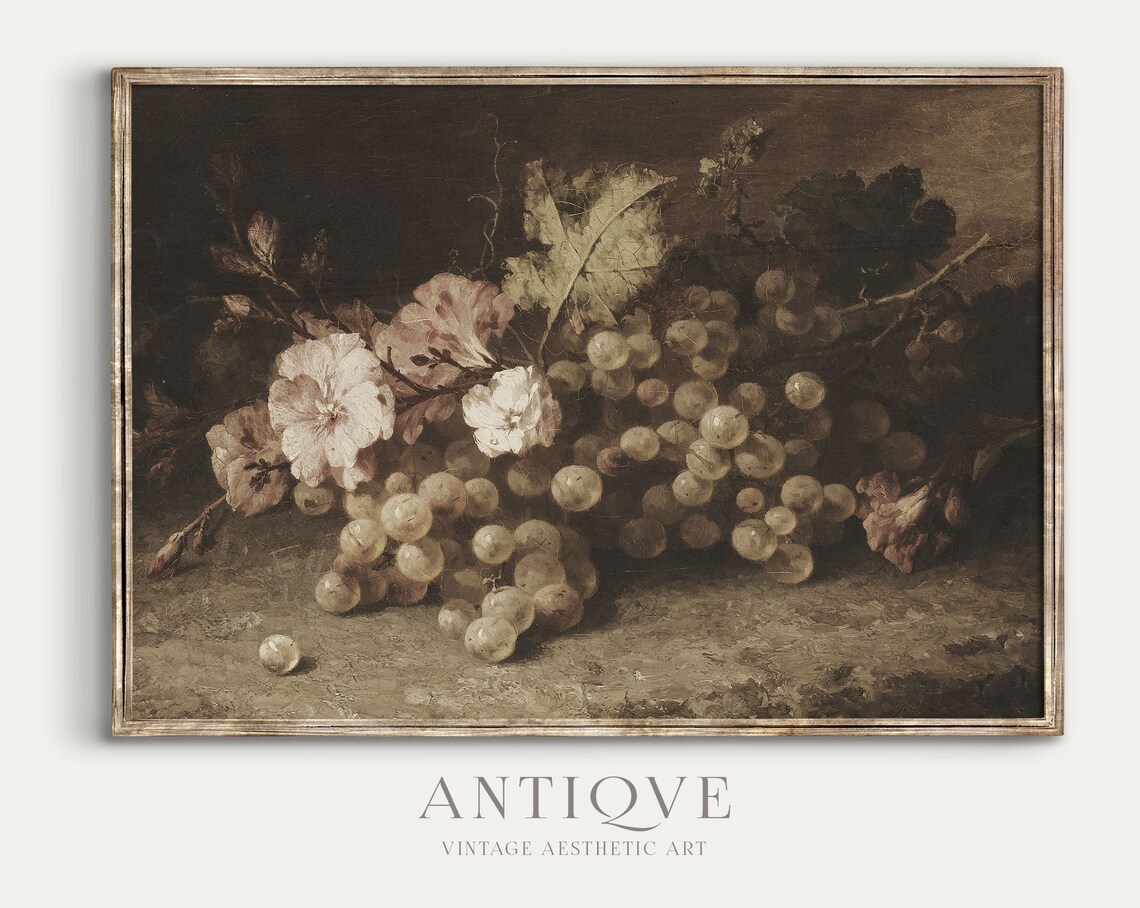 Moody Vintage Grapes Flowers Still Life, Antique