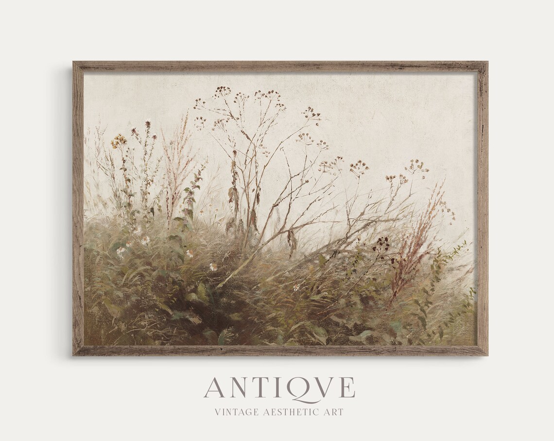 Neutral Wildflowers By The Water Landscape Art Print