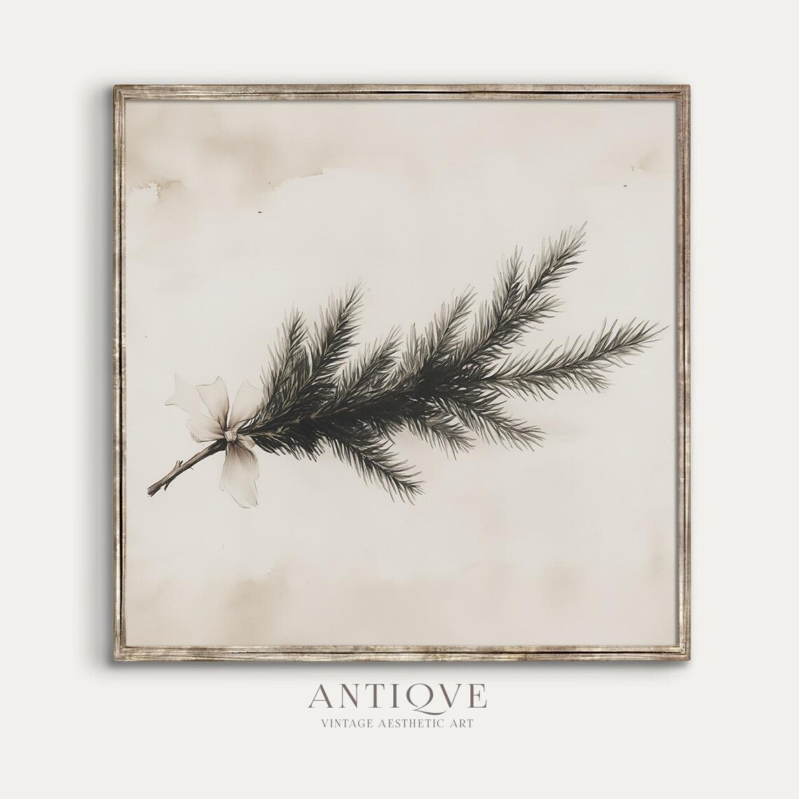 Square Minimal Evergreen Branch With Beige Ribbon, Art Print