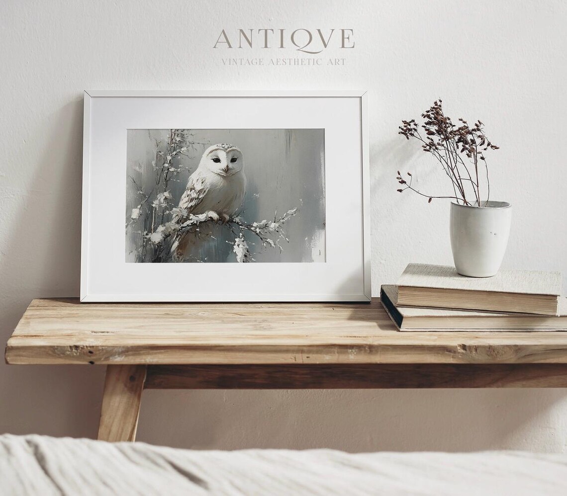 White Owl Resting On Frosted Branch Winter Nature Painting Poster - Image 4
