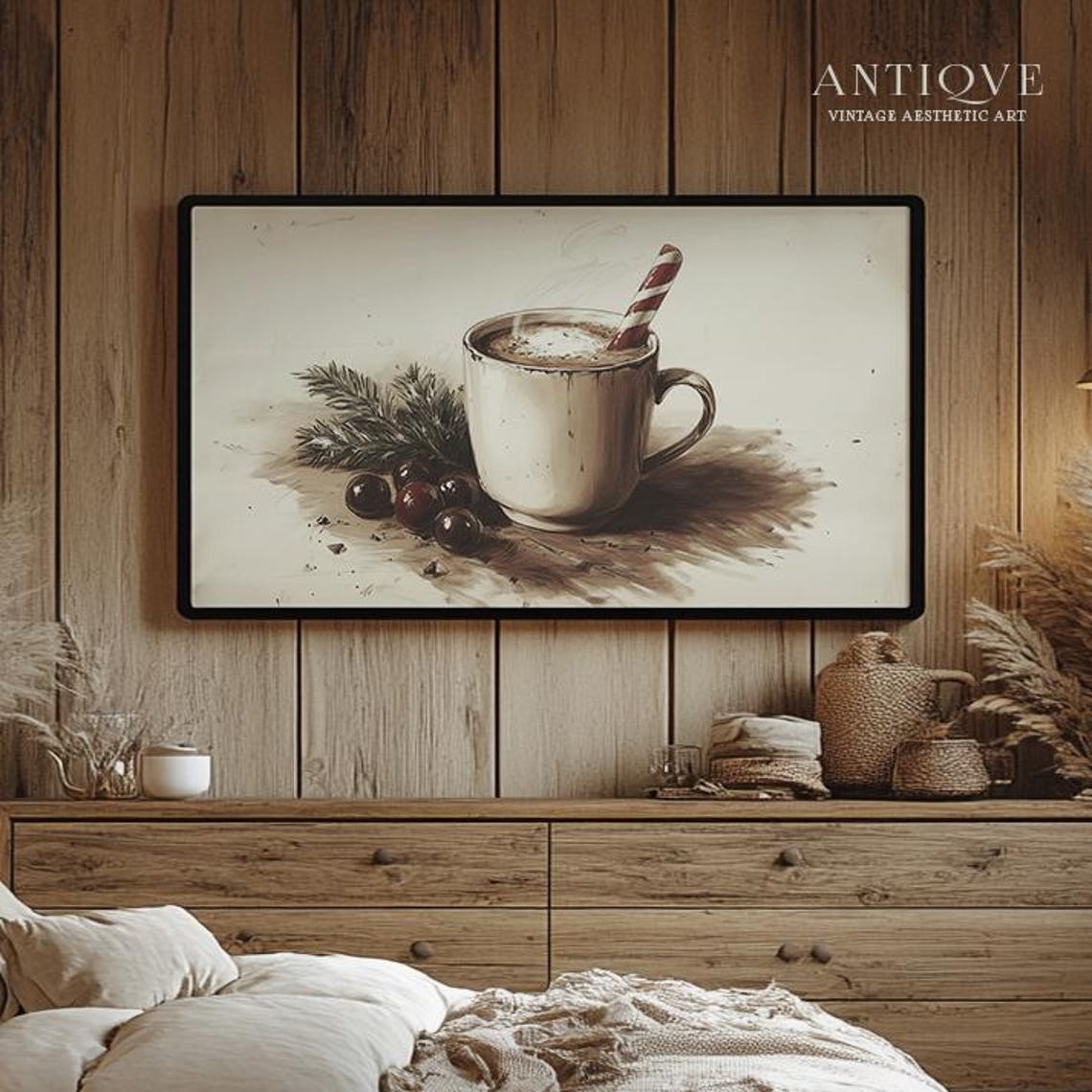 Hot Cocoa Mug with Candy Cane Berries Cozy Winter Sketch Wall Art