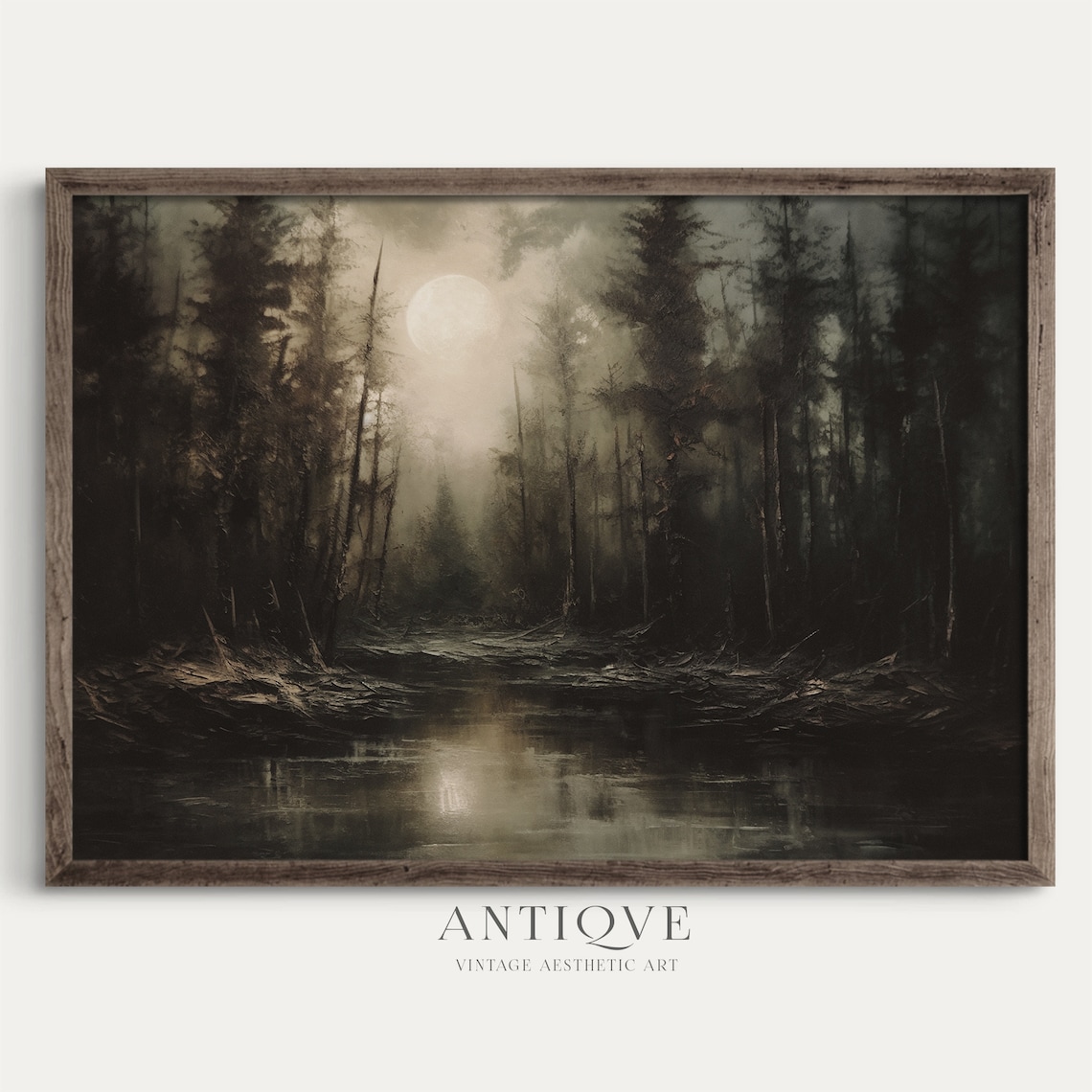 Dark And Moody Lake Painting, Moonlight Night Landscape - Image 2