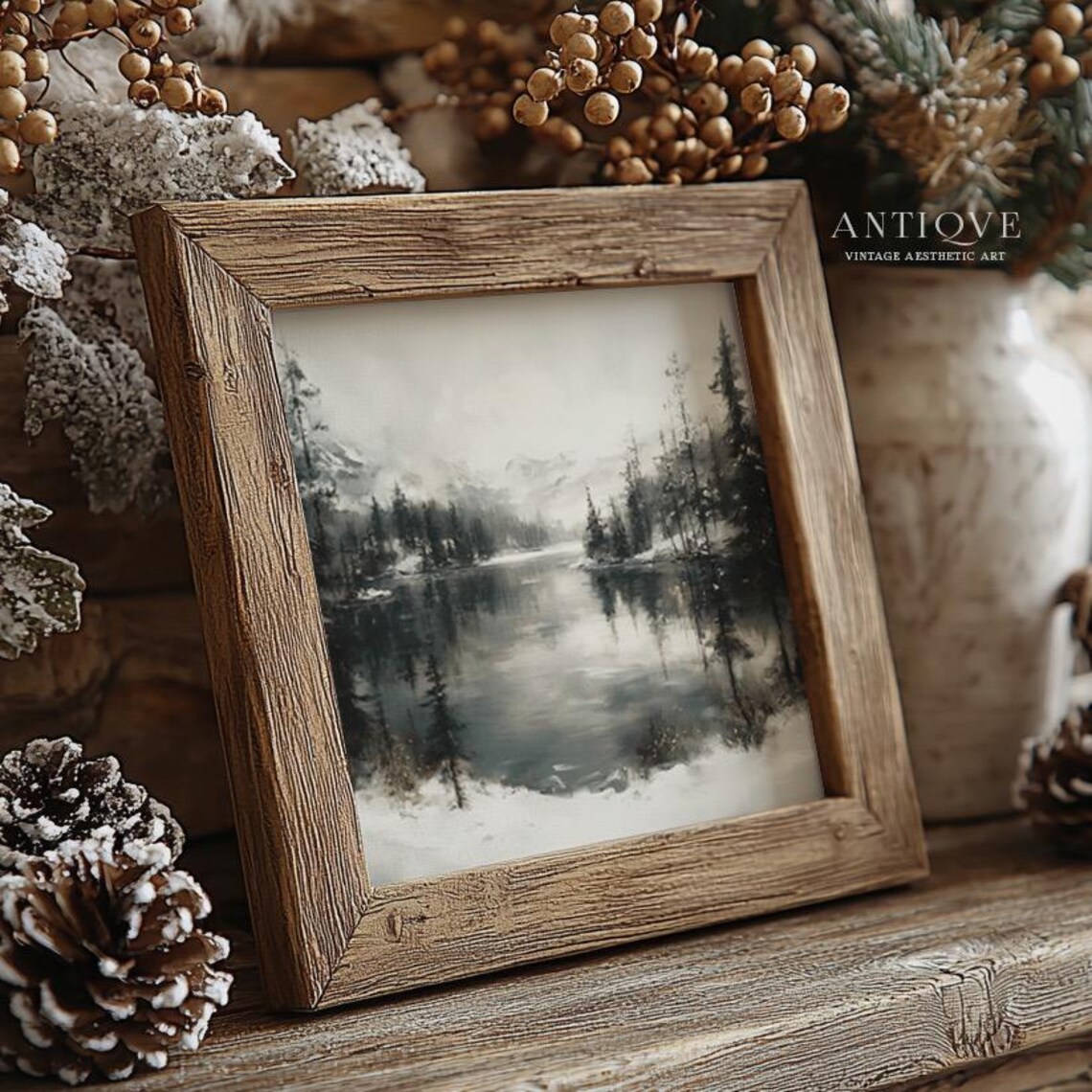 Winter Lake Landscape Painting, Rustic Christmas Decor - Image 2