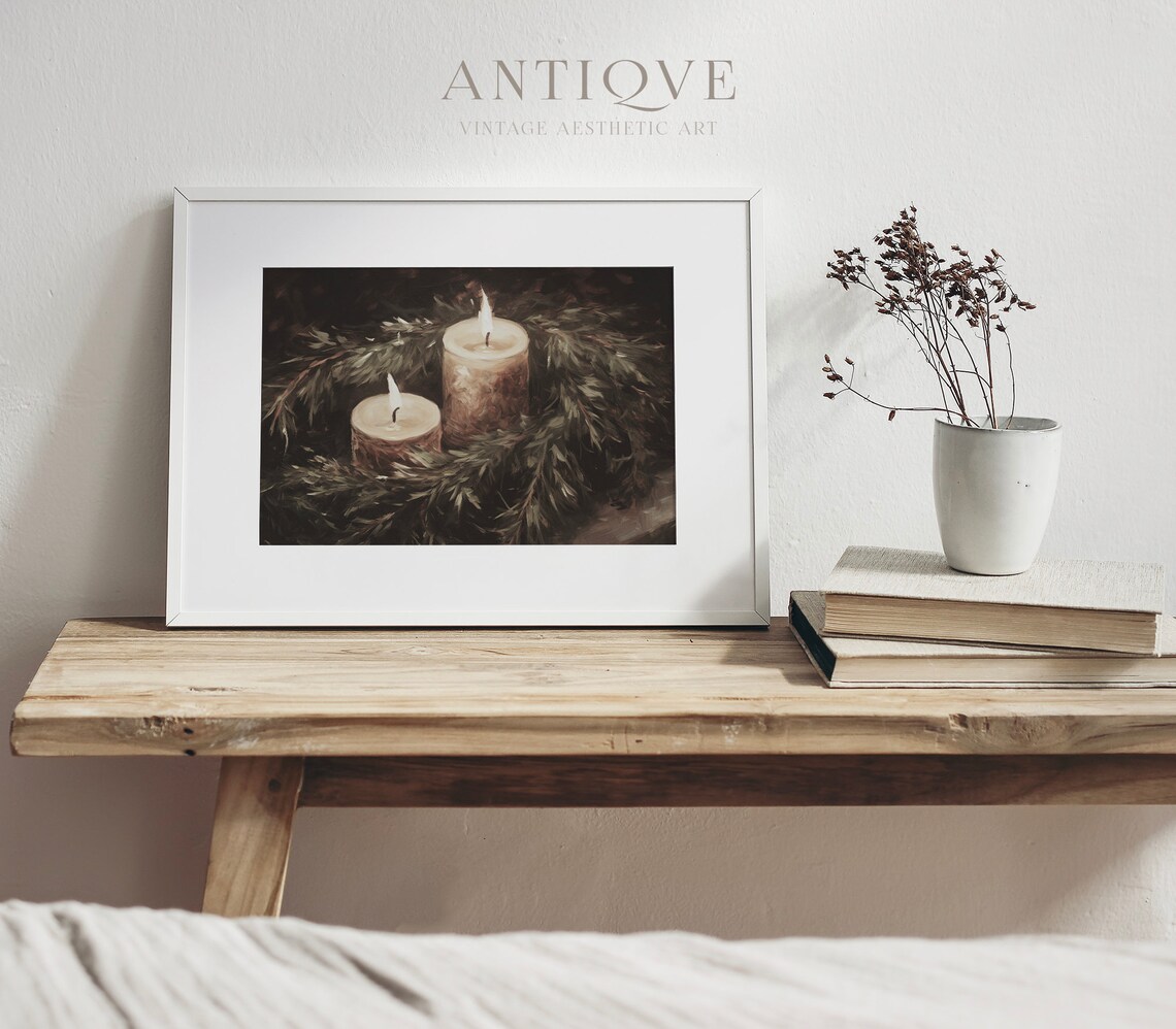 Christmas Candles and Greenery Rustic Holiday Art Print - Image 3