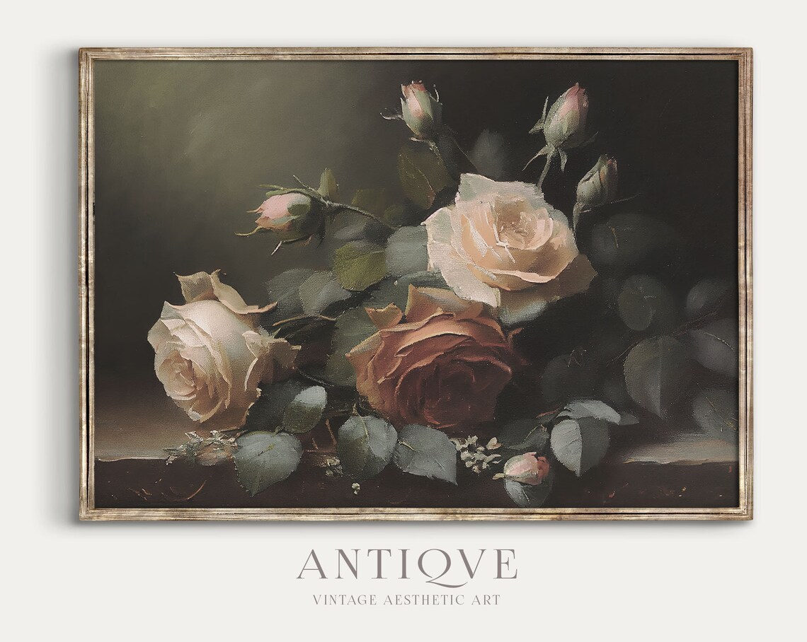 Moody Roses Still Life Oil Painting Art Print