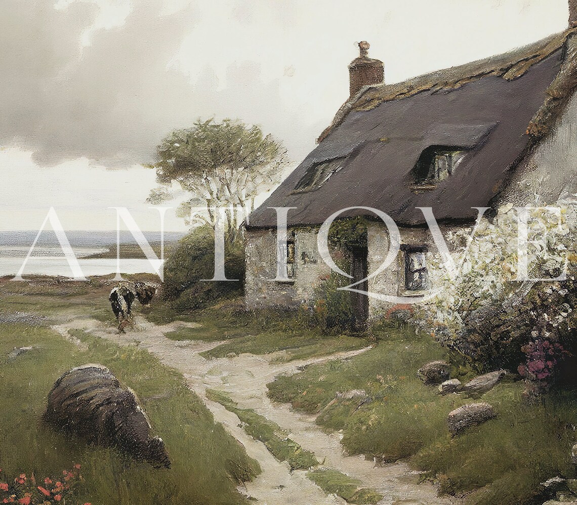 Irish Cottage By The Sea With Cows, Landscape Art Print - Image 3