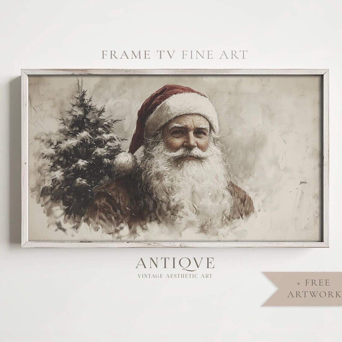 Santa Claus Portrait with Snowy Pine Neutral Holiday Sketch Wall Art - Image 4