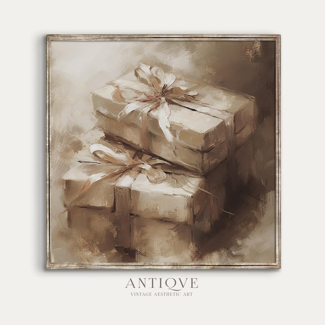 Stacked Wrapped Gift Boxes Neutral Beige Ribbon Still Life Wall Art