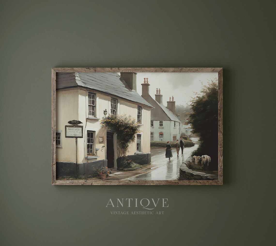 Rainy Village Street Old Pub Cottages Oil Painting Style Print - Image 4