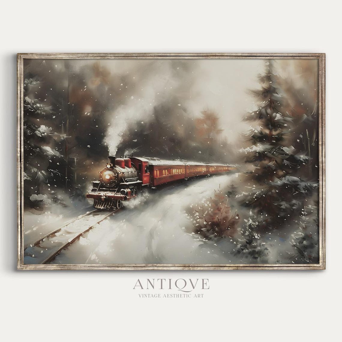 Red Vintage Steam Train In Snowy Forest Winter Landscape Poster