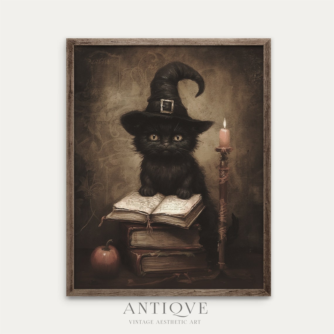 Vintage Cat Witch, Halloween Art Print