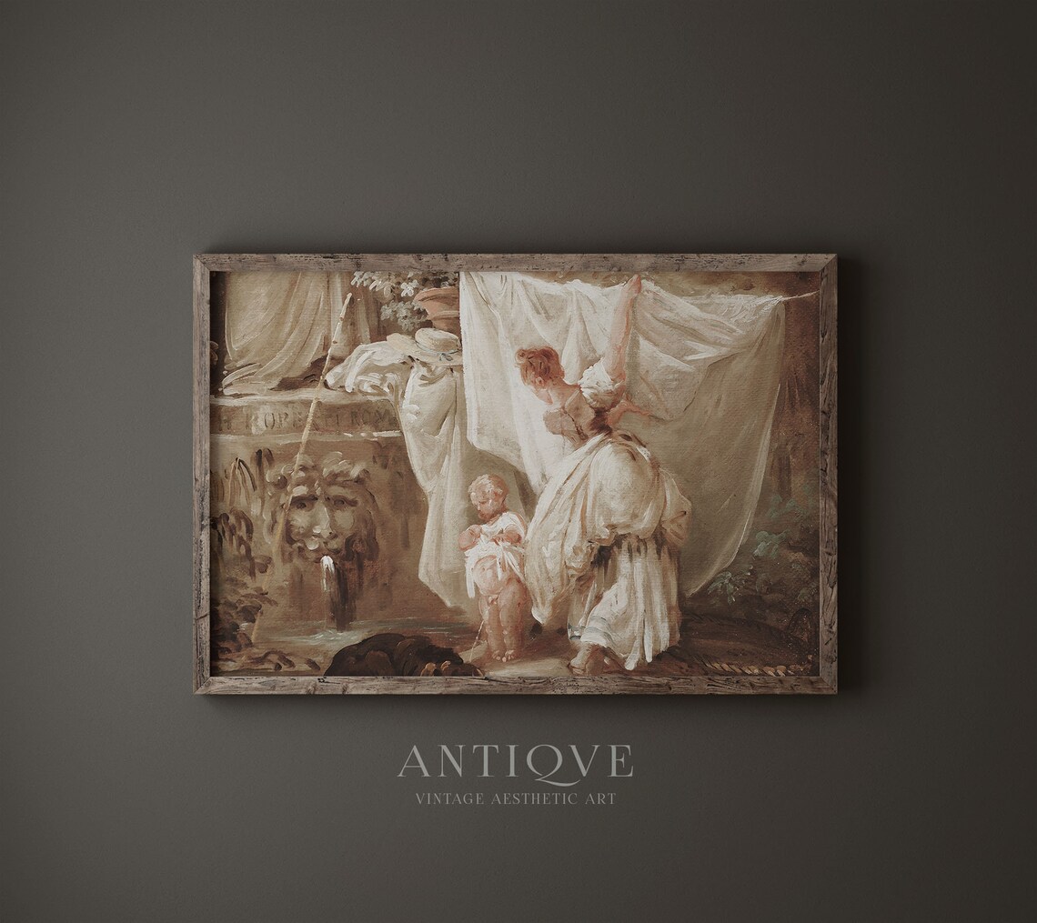 Vintage Woman and Child Painting, Laundry Room Art - Image 4