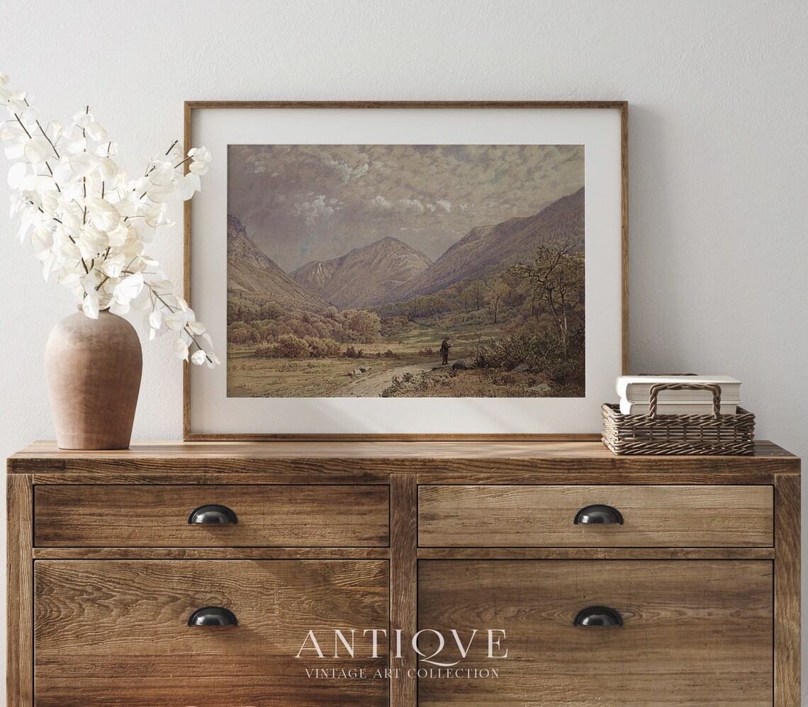 Antique Mountain Valley Landscape with Traveler Vintage Art Print - Image 4