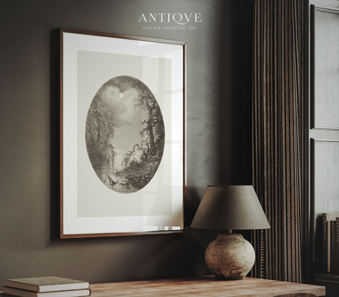 Vintage Black And White Oval Trees On Water Art Print - Image 3