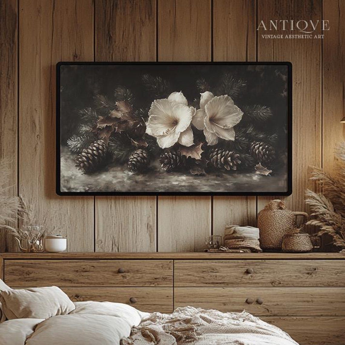 White Amaryllis Flowers With Pinecones Moody Christmas Art Print - Image 2