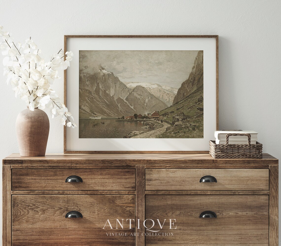 Winter Fjord Village with Boat Vintage Mountain Oil Painting Print - Image 4