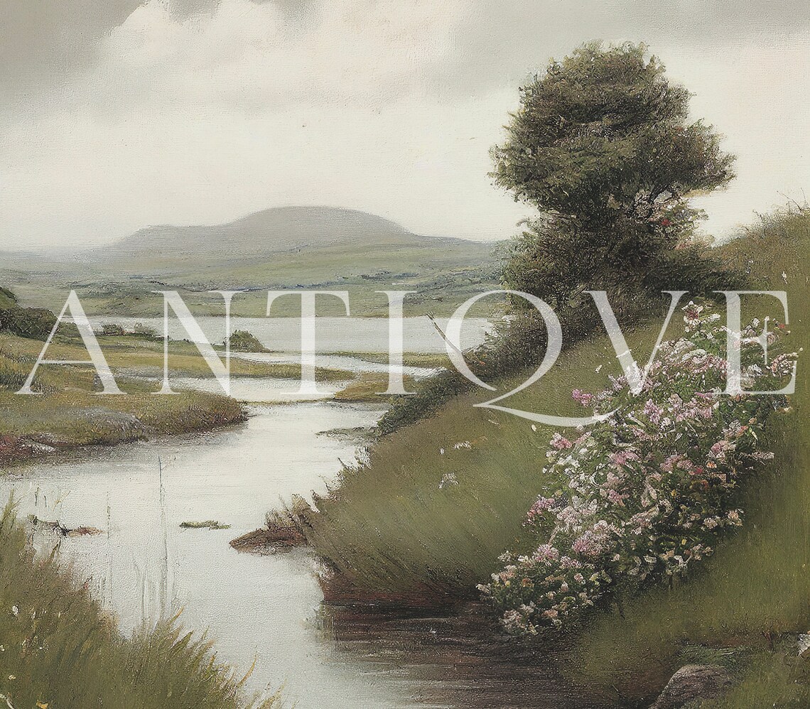 Irish Scenery Vertical Painting, Floral Stream Landscape - Image 2