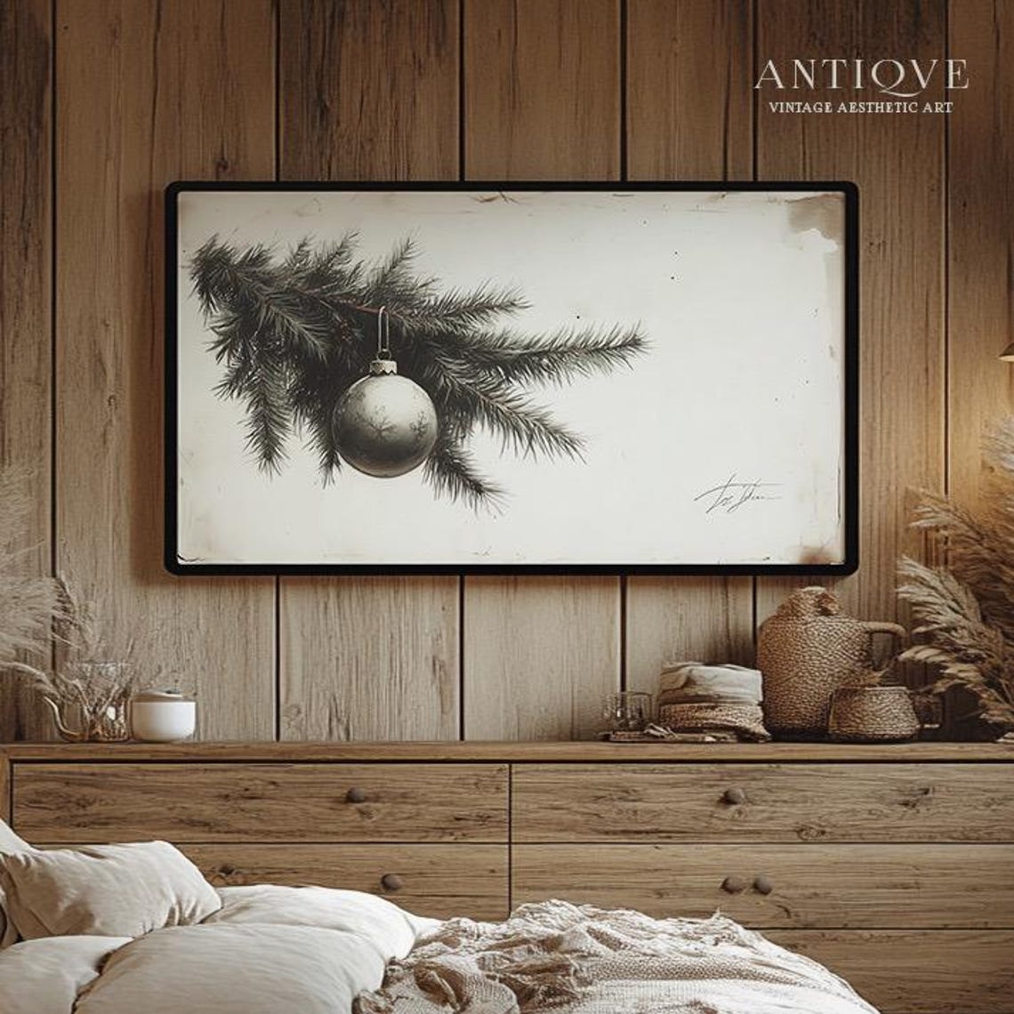 Christmas Ornament on Pine Branch Minimal Sketch Neutral Wall Art