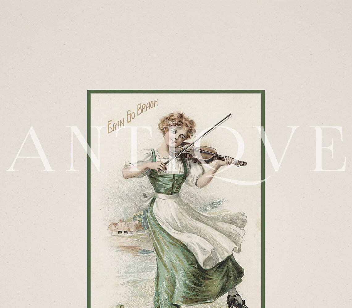 Vintage St Patricks Day Irish Woman Fiddle Sketch - Image 3