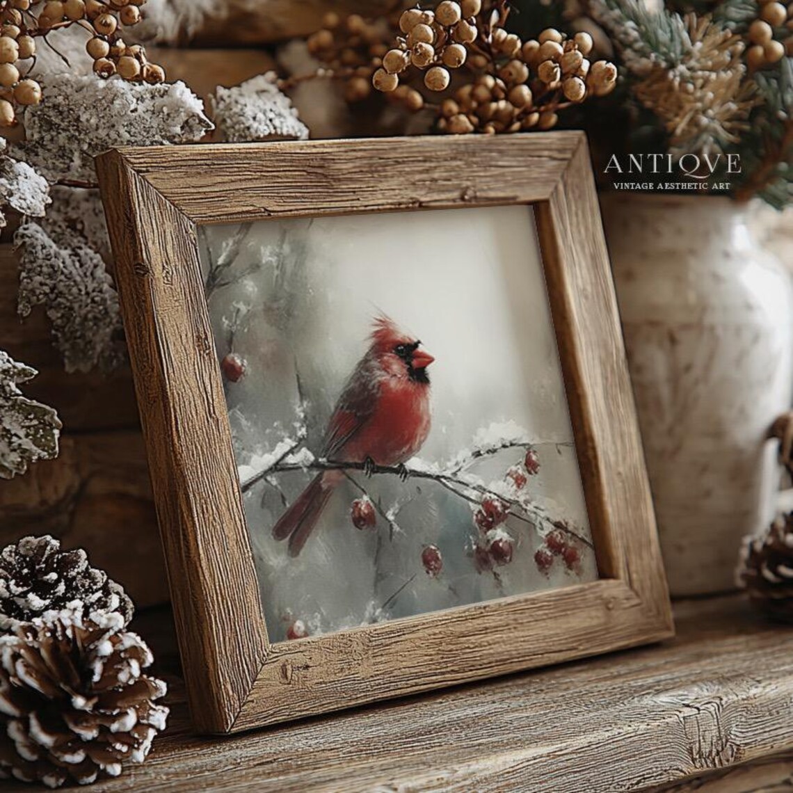 Red Cardinal On Snowy Branch, Rustic Christmas Art - Image 2