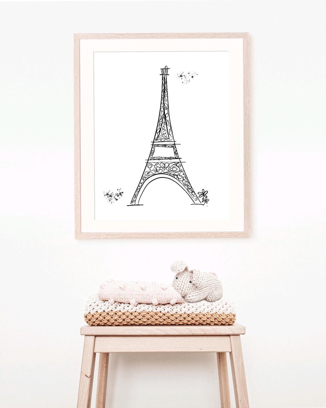 Paris Eiffel Tower Ink Line Sketch French Nursery Wall Decor Poster