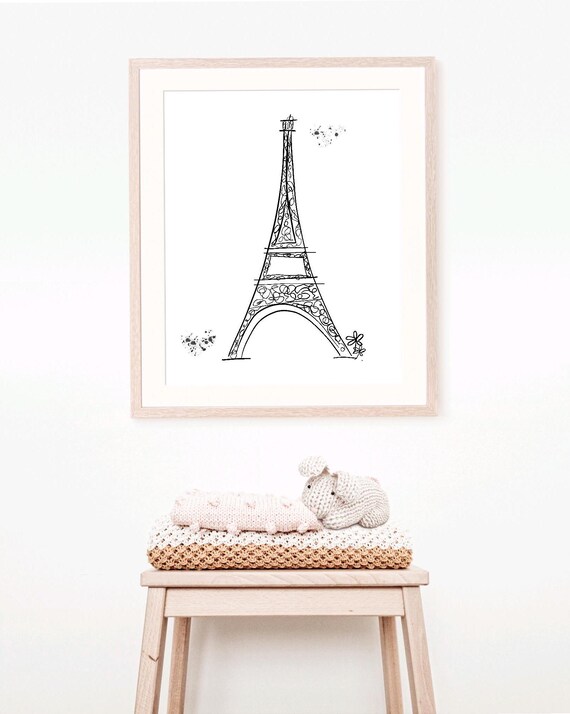 Paris Eiffel Tower Ink Line Sketch French Nursery Wall Decor Poster