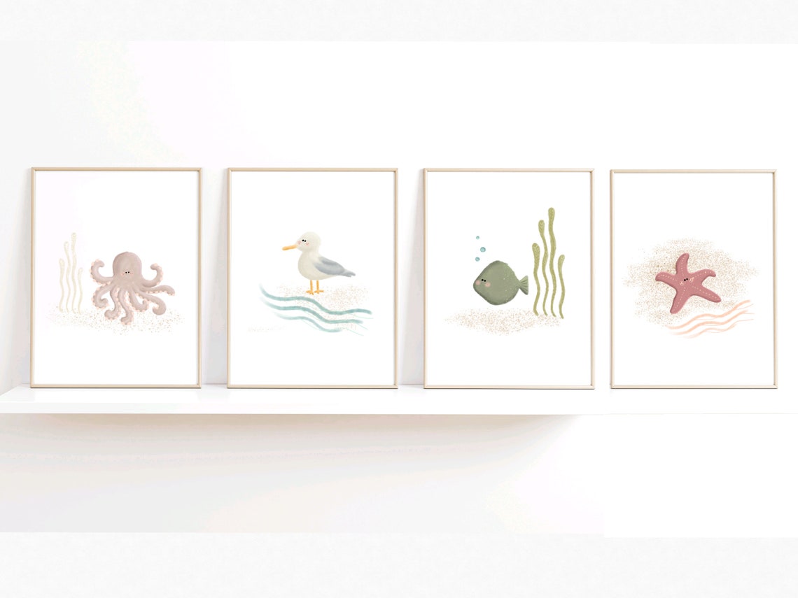 Sweet Seagull on Waves Watercolor Beach Nursery Kids Wall Art - Image 2
