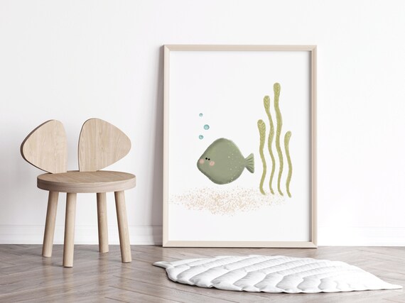 Sage Green Fish and Seaweed Ocean Nursery Kids Room Wall Art