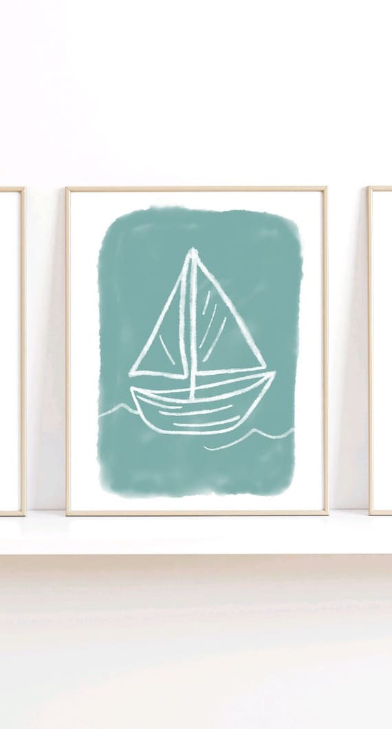Sailboat Nursery Nautical Baby Teal Line Drawing Coast Wall Art