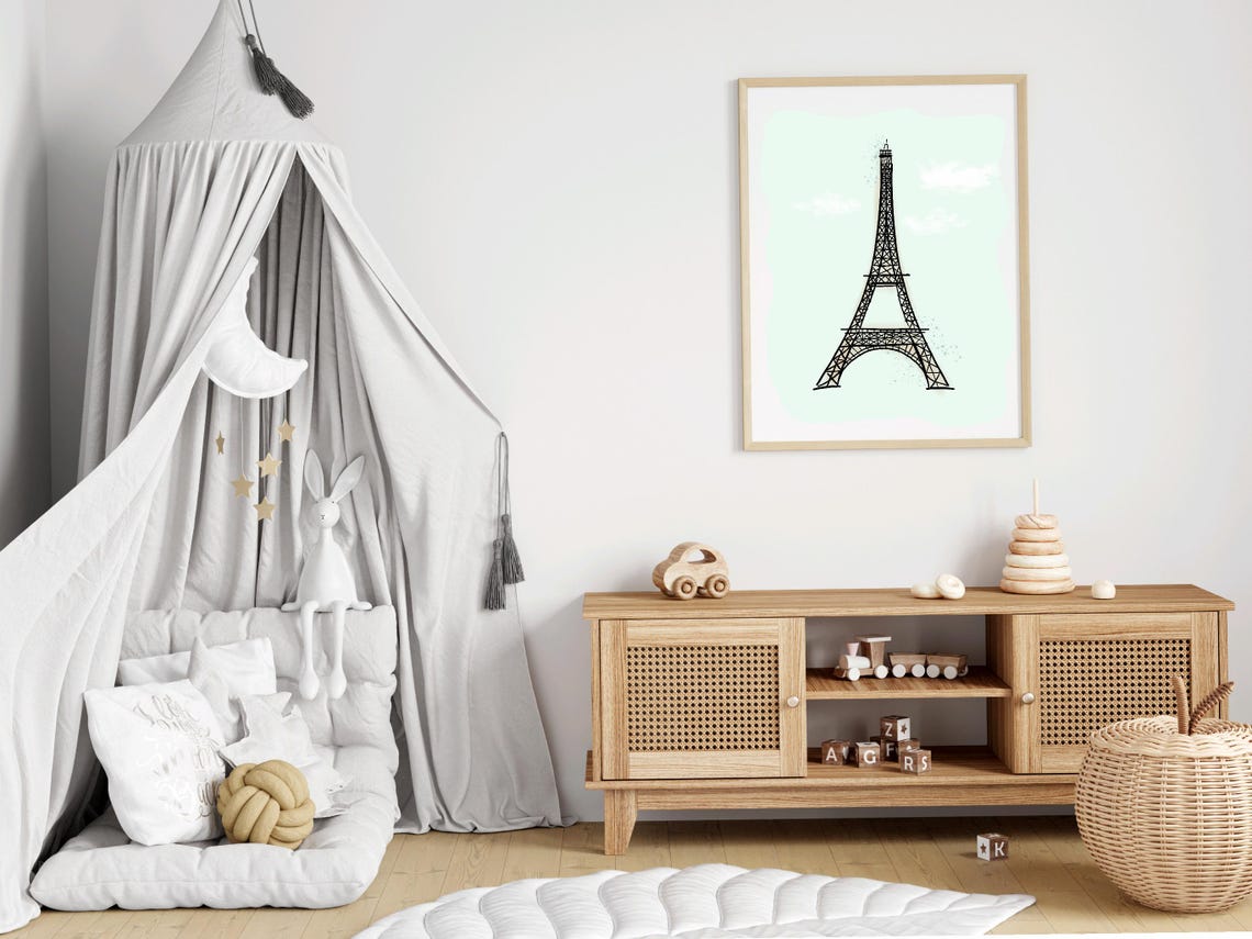 Eiffel Tower Line Drawing Mint Green Paris Nursery Kids Wall Art - Image 2