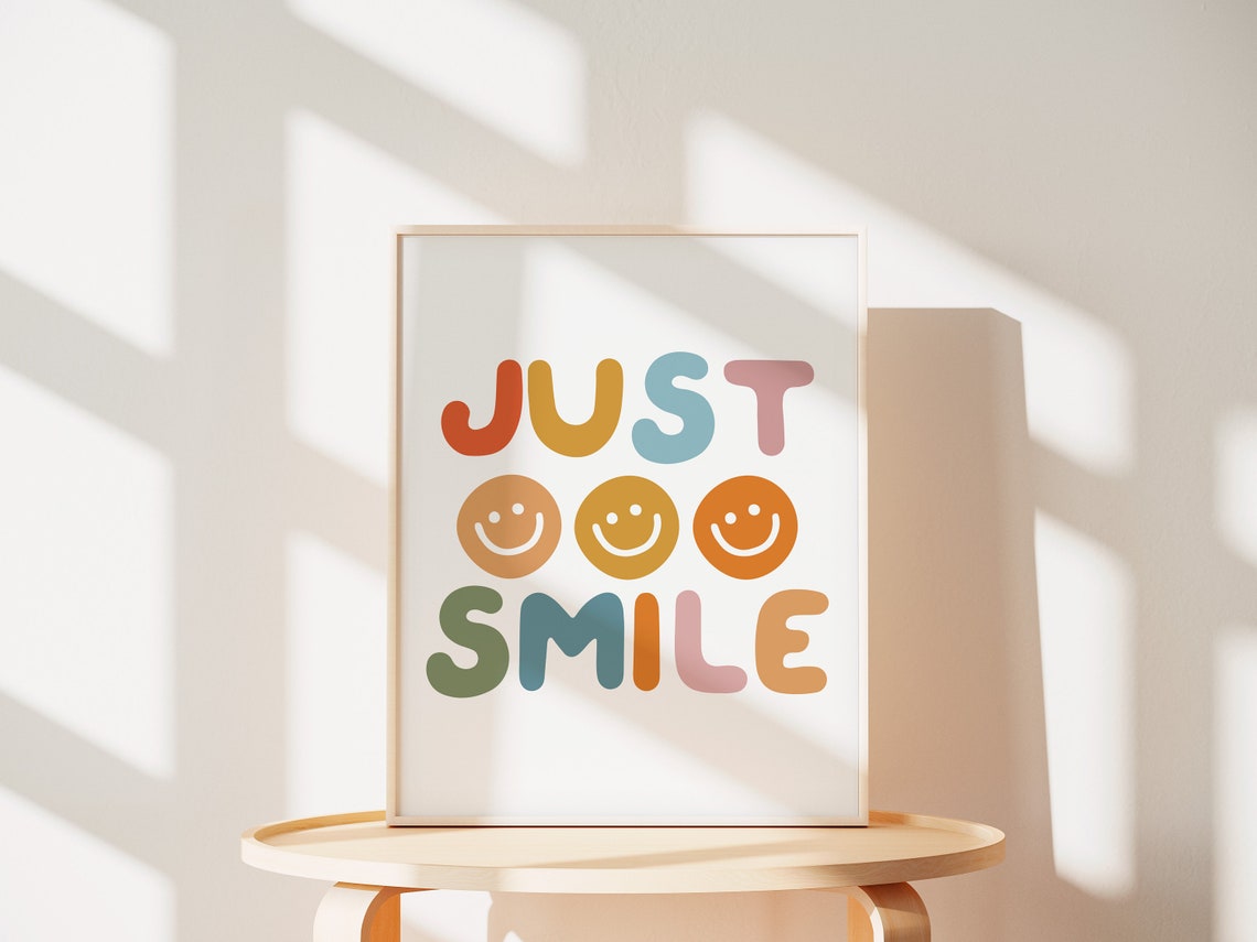 Just Smile Multicolor Smiley Face Happy Retro Kids Quote Poster - Image 2