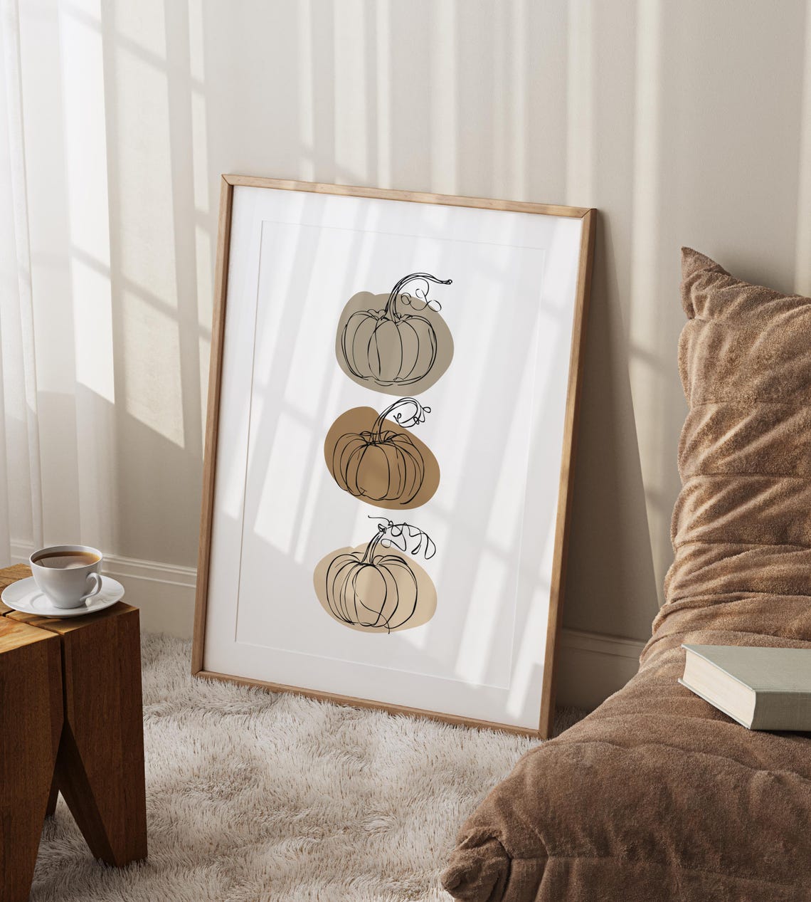 Three Pumpkins Line Art Neutral Beige Fall Autumn Decor Poster - Image 2