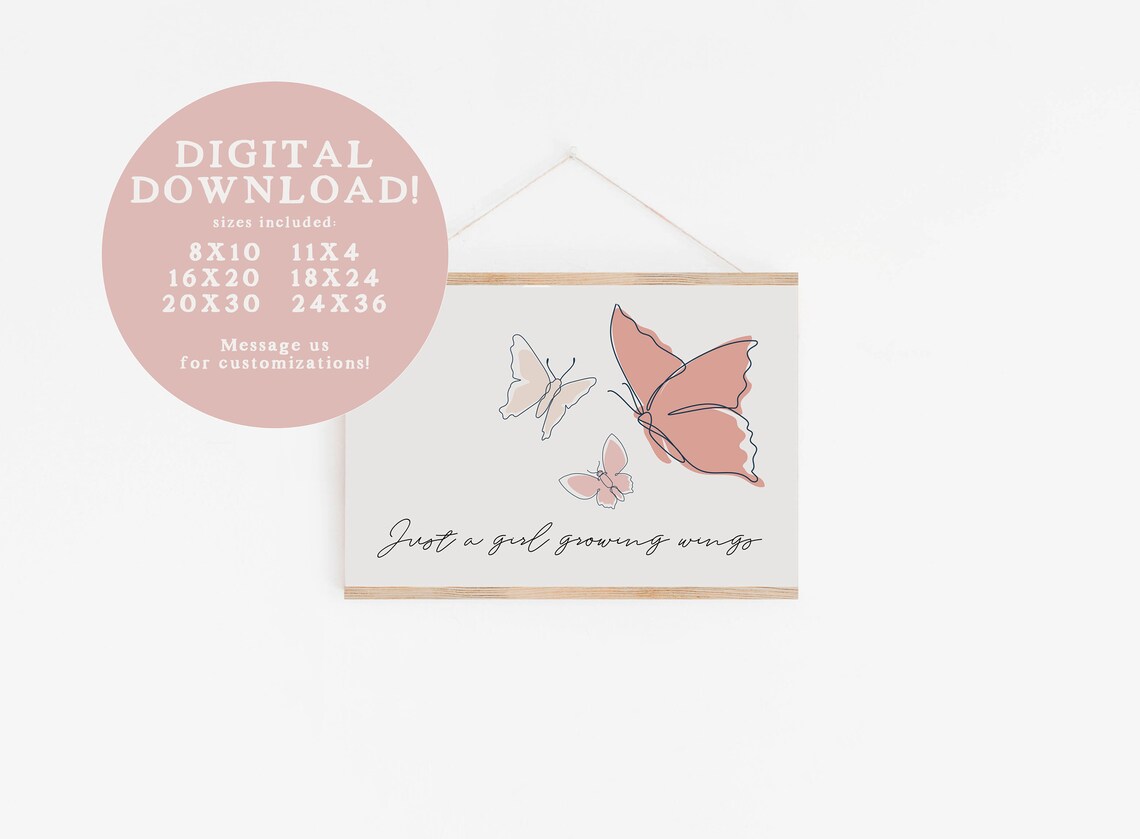 Just a Girl Growing Wings Blush Pink Butterfly Line Art Poster - Image 2