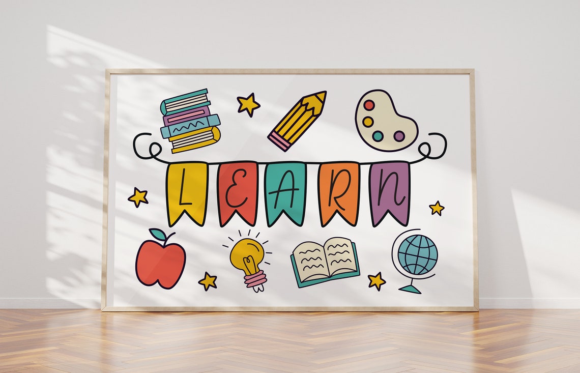 Learn Banner Classroom Decor Books Pencil Globe Kids Art Poster - Image 2