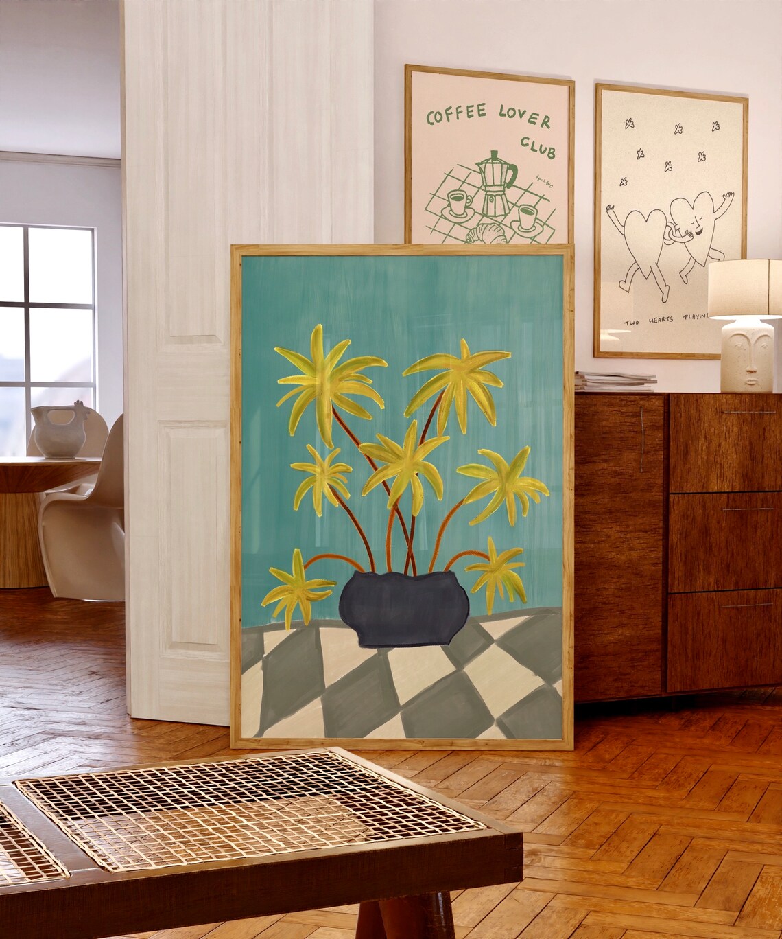 Potted Palm Plant Tropical Teal Botanical Modern Living Room Poster