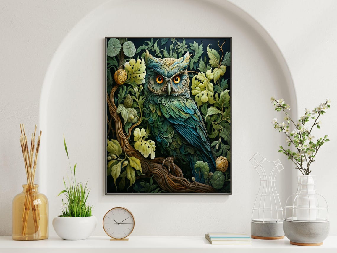 Charming William Morris Style Owl Botanical Garden Wall Poster - Image 2
