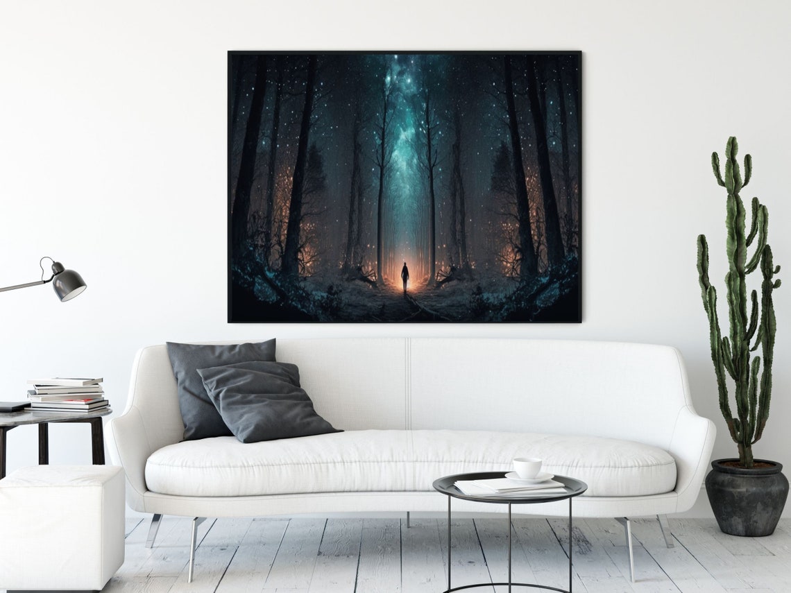 Starry Night Forest Path With Lone Figure Toward Orange Glow Poster - Image 5