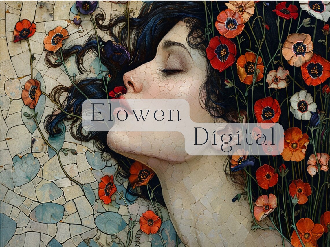 Mosaic Profile Woman Face With Red Poppies Floral Art Wall Art - Image 6