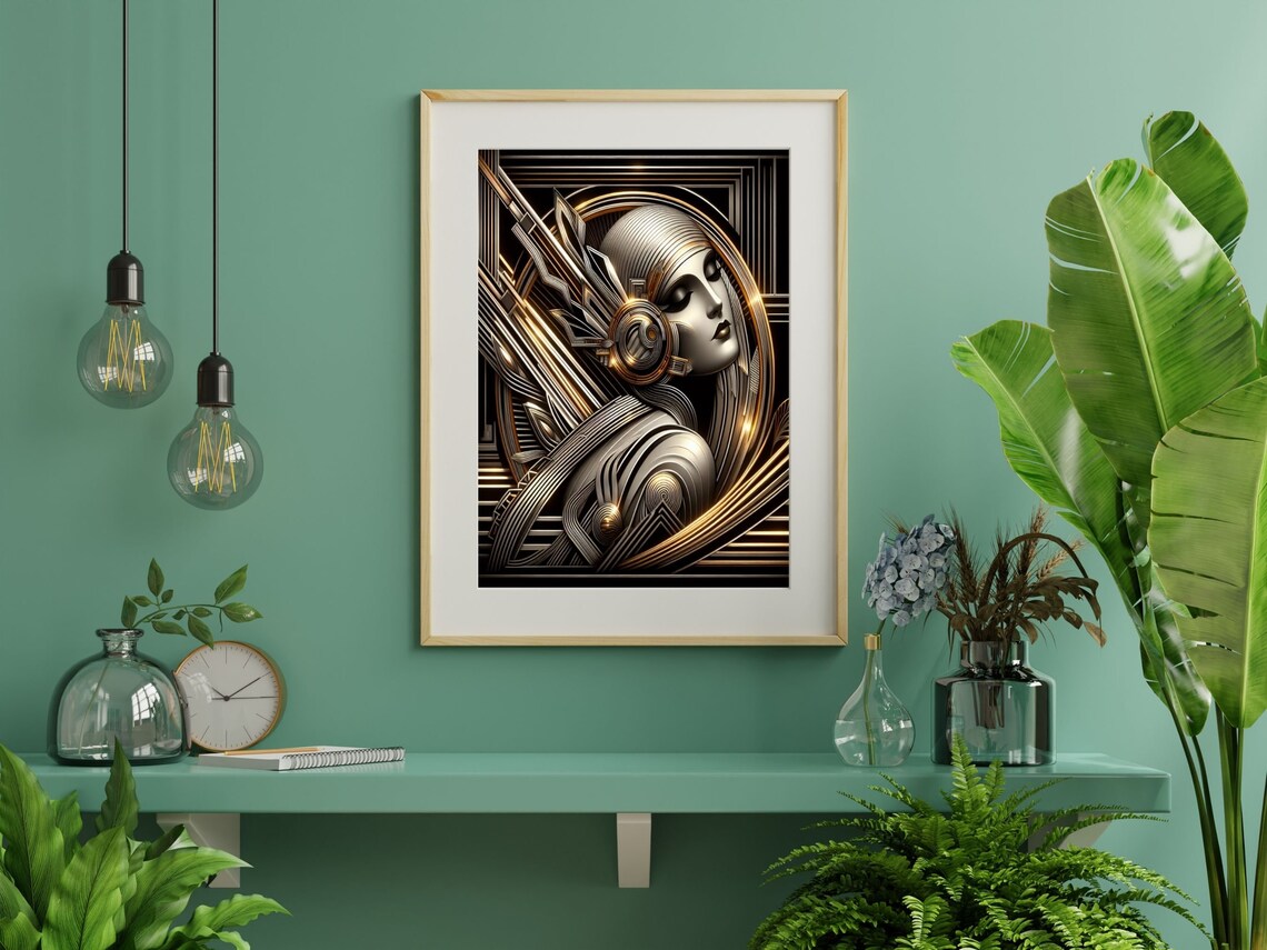 Neo Art Deco Woman in Black and Gold Geometric Profile Poster - Image 3