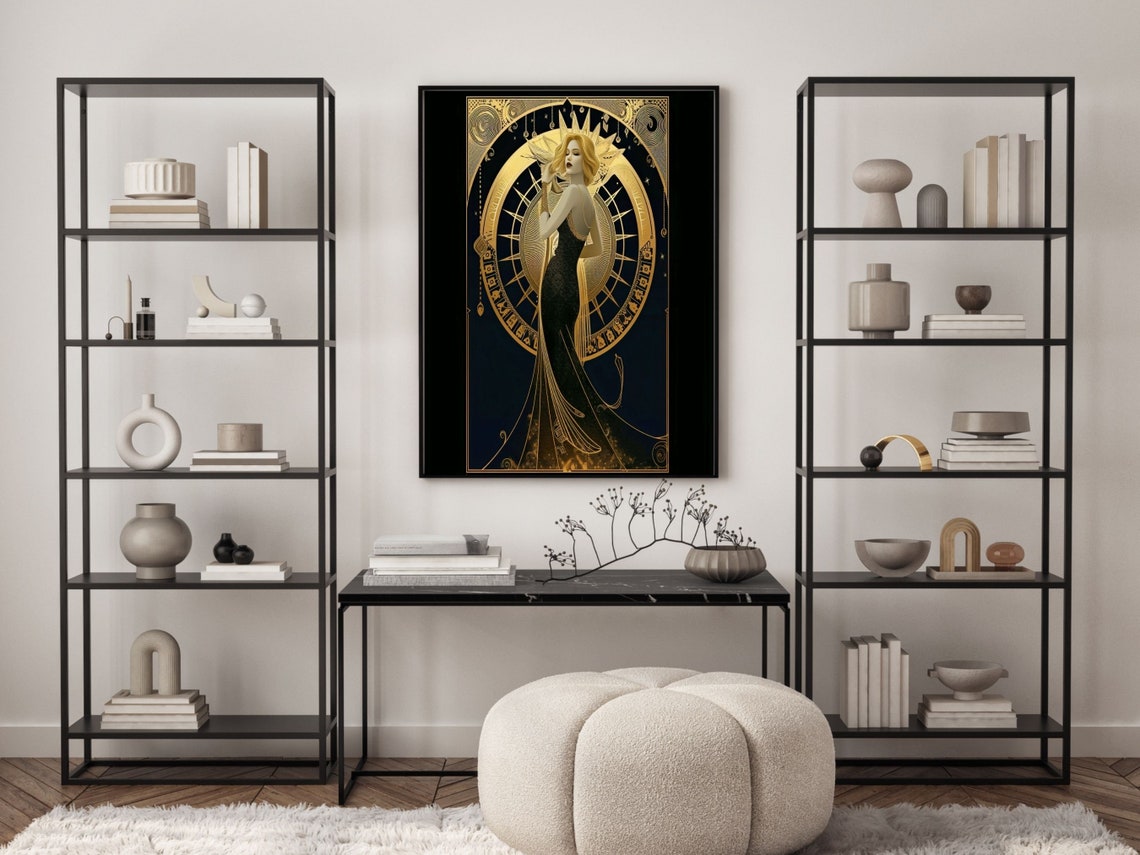 Woman In Flowing Black Gown Before Golden Sunburst Art Deco Print - Image 3