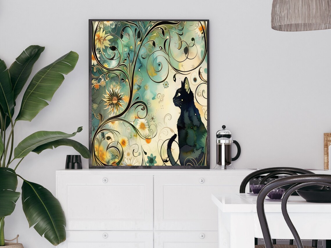 Art Nouveau Black Cat Watercolor Botanical Garden Swirl Wall Art