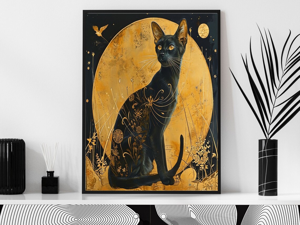 Mystical Art Deco Black Cat Golden Moon Night Vintage Cat Poster - Image 3