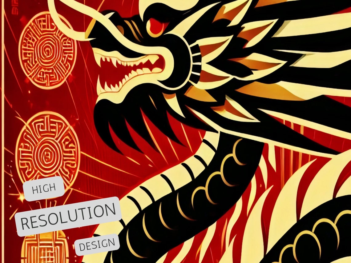 Art Deco Red And Gold Chinese Dragon With Traditional Seals Poster - Image 3