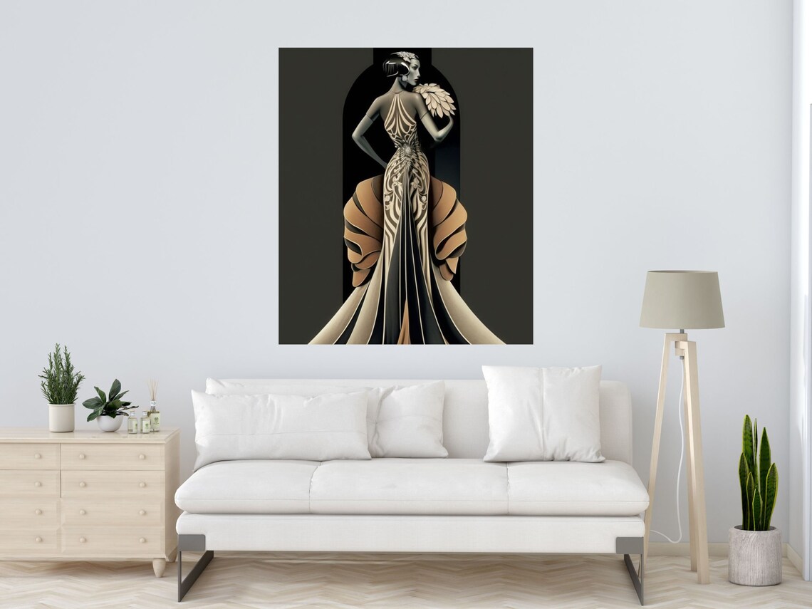 Erté Style Art Deco Woman with Feather Fan in Champagne Gown Poster - Image 2