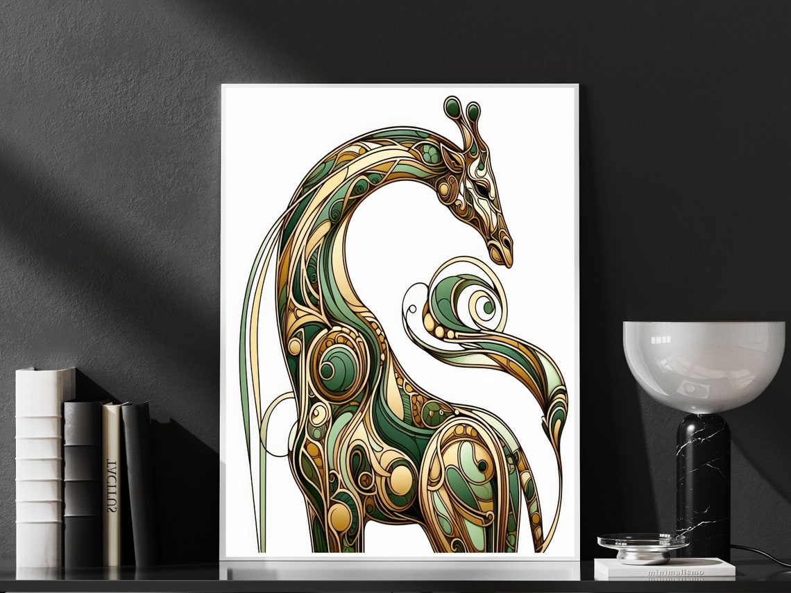 Sage Green and Gold Art Nouveau Giraffe Standing Portrait Poster