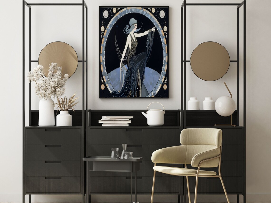 Art Deco Blue Night Sketch Woman In Black Gown Moon Circle Poster - Image 5