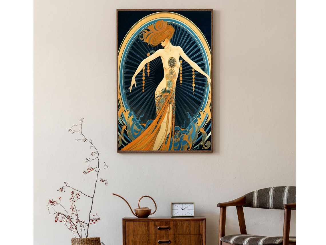 Theatrical Art Deco Erte Style Dancer Peacock Gown Fan Poster - Image 4